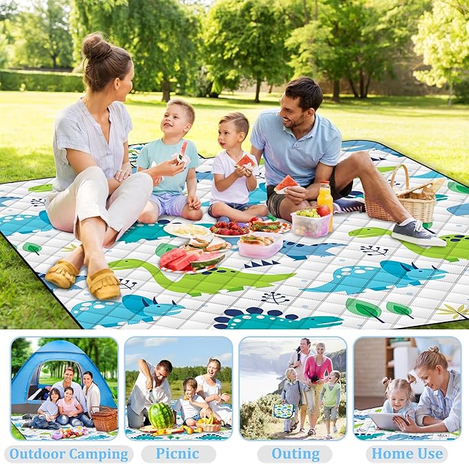 Extra Large Picnic Blanket Waterproof,80"x 80"Foldable Machine Washable Beach Blanket,Outdoor Blanket for 6-8 Adults,Picnic Mat Suitable for Indoor Crawling,Park Beach,Camping,Hiking,Travel(Dinosaur)