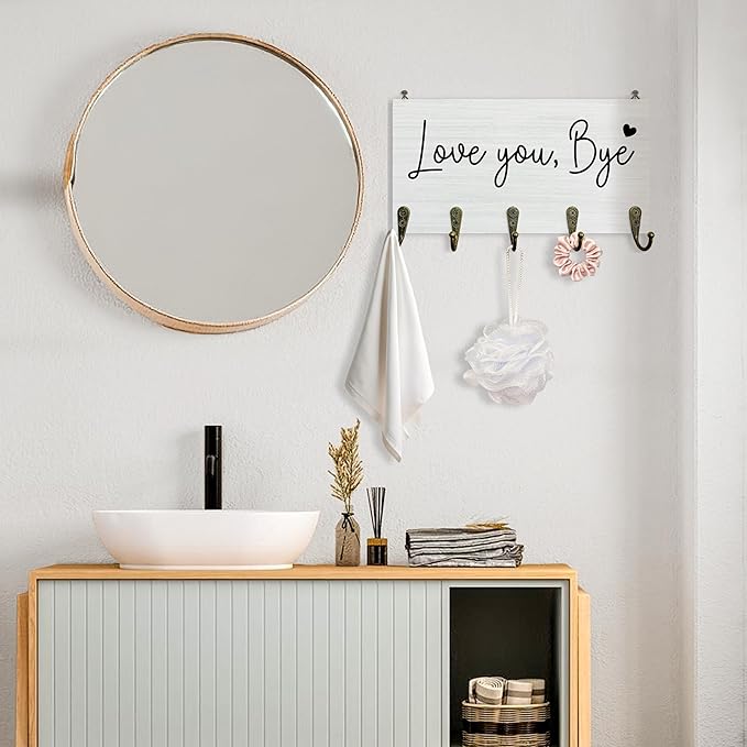 Love You Bye Sign Key Holder for Wall 10"x5.12", Love Sign Key Hanger Wall Mount, Housewarming Valentines Gifts for Couples Family Wooden Hanging Keys Holder Decor for Entryway Front Door