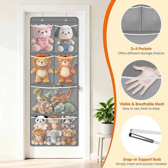 SpaceHacks Stuffed Animal Storage - Large Over the Door Organizer with 6 Expandable Mesh Pockets & Metal Hooks, Non-Woven Fabric Hanging Plush Items Holder for Nursery, Bedroom, Playroom (Gray)