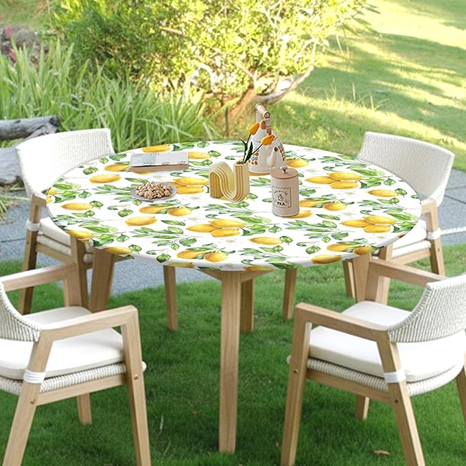 Lemon Round Fitted Tablecloth with Elastic Spring Summer Yellow Lemons Circle Table Cloth for 36-40" Round Tables Wipeable Waterproof Lemonade Party Farmhouse Table Cover for Picnic Dining Outdoor