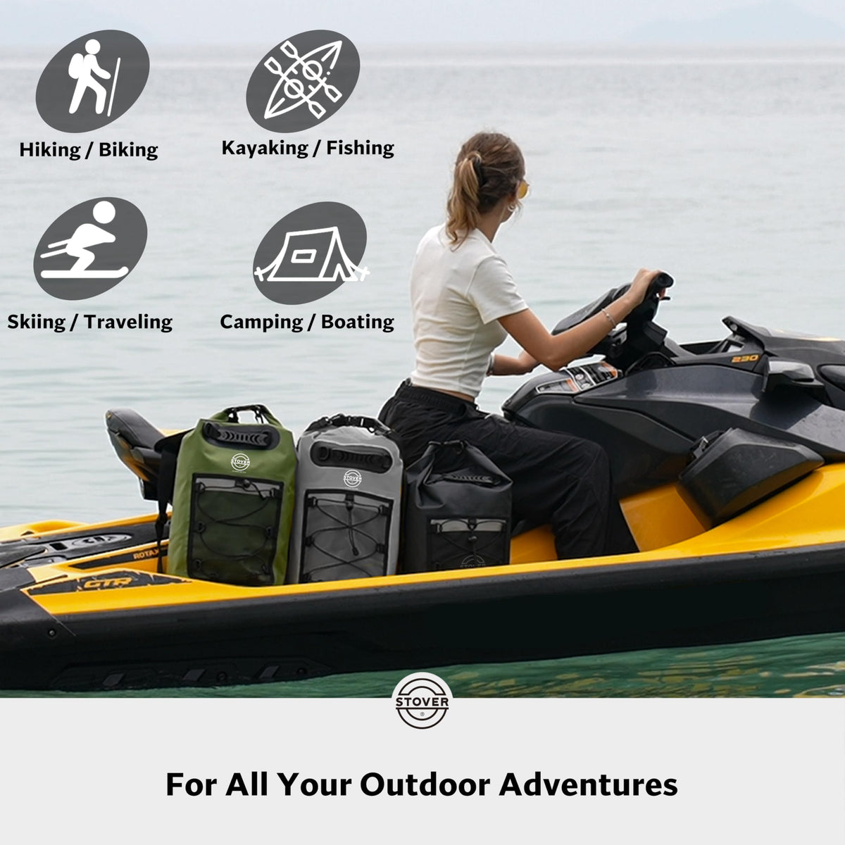 STOVER 5/10/25/30/40L Waterproof Dry Backpack & Phone Case- Large Floating Dry Bag for Kayaking, Travel, Hiking, Fishing, Camping, Motorcycles & Beach, Heavy-Duty Roll Top Men/Women (Black)
