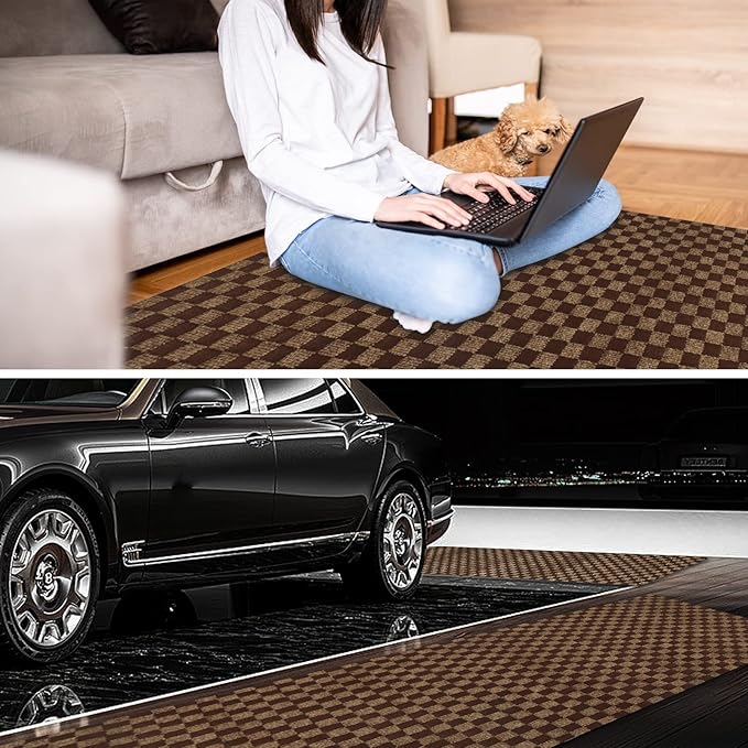 4' x 4' Runner Rugs with Rubber Backing, Indoor Outdoor Utility Carpet Runner Rugs, Checkered Brown, Can Be Used as Aisle for The RV and Boat, Laundry Room and Balcony
