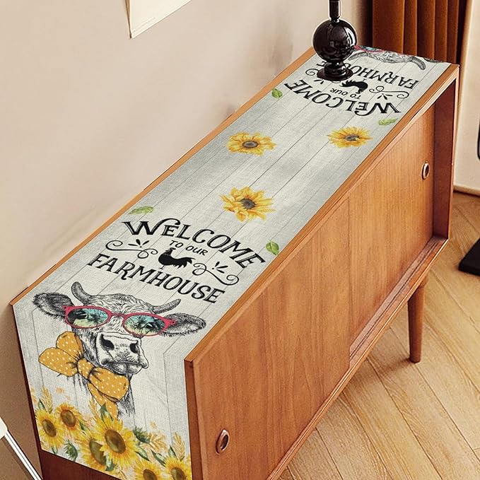 Farmhouse Cow Table Runner, Rustic Yellow Sunflower Floral Buffalo Animals Spring Coffee Farm Table Center Decor for Family Kitchen and Living Room Country Holiday Party Table Decorations, 13" X 36"