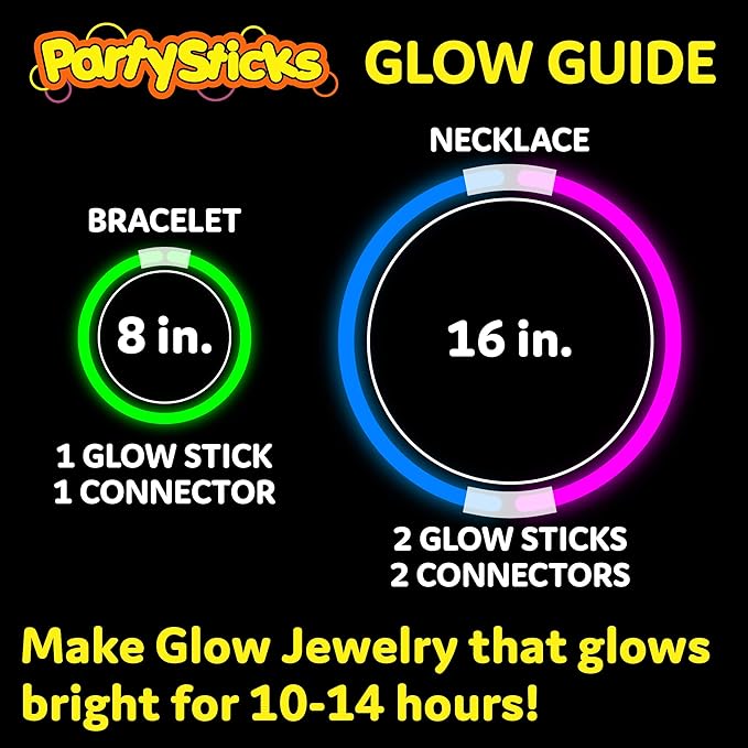 PartySticks Ultra Bright Glow Sticks Bulk Party Supplies 300 Pack - 8" Glow in the Dark Light Up Halloween Party Favors, Glow Decorations, Neon Party Necklaces and Bracelets with Connectors