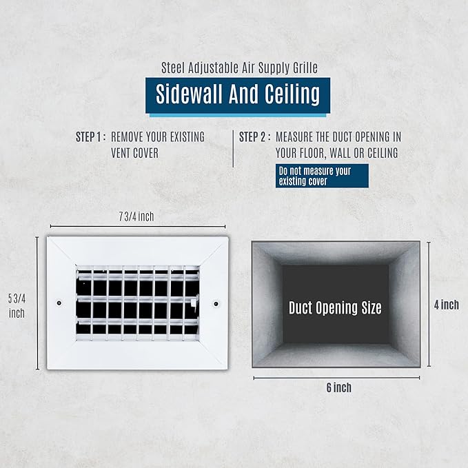 [8 Pack] Fits 6x4 Duct Opening Steel Adjustable Air Supply Grille by Handua | Register Vent Cover Grill for Sidewall and Ceiling | White | Out. Dim.: 7.75" X 5.75"