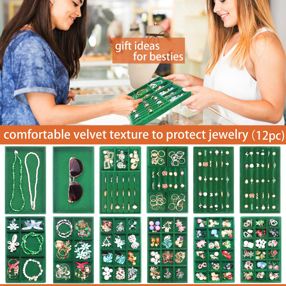 Velvet Jewelry Tray 12 Set Stackable Jewelry Organizer Trays for Drawers Rings Earrings Necklaces Bracelet Watch Display Case (12 Count)