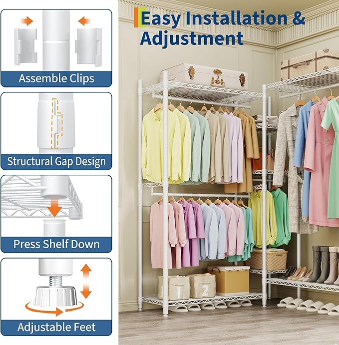 Freestanding Heavy Duty Garment Rack with Adjustable Shelves and Hanging Rods, Large 1630 Lbs Capacity Portable Closet Organizer for Bedroom or Cloakroom Storage, White