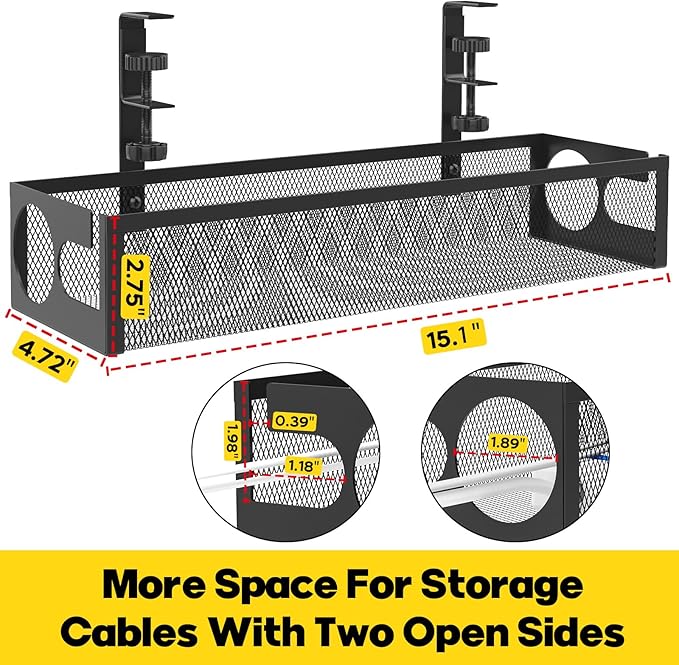 Under Desk Cable Management Tray No Drill 15.1’’, Metal Mesh Cable Management Box with Hybrid Side Slots Cable Raceway,Adjustable Cable Tray with Wire Management for Office Home,1 Pack (Black)