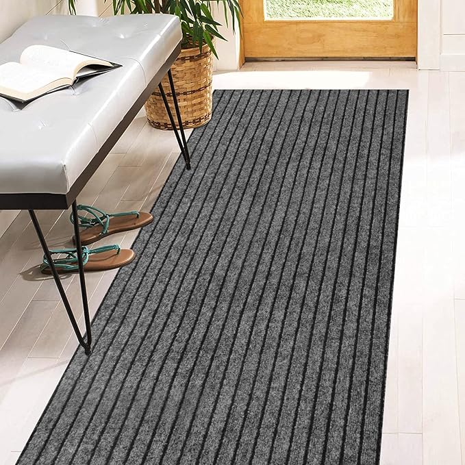 3' x 75' Runner Rugs with Rubber Backing, Indoor Outdoor Utility Carpet Runner Rugs, Stripe Gray, Can Be Used as Aisle for The RV and Boat, Laundry Room and Balcony
