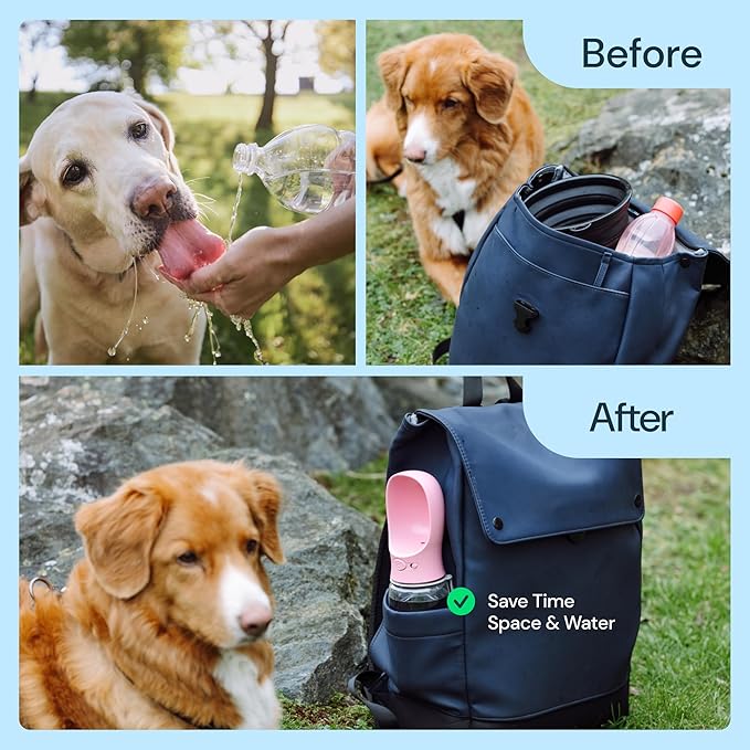 MalsiPree Leak-Proof Portable Dog Water Bottle for Travel - 19 oz, with Pink Bowl - Food Grade Plastic - Dog Bowls - Puppy Essentials - Pet Water Bottle