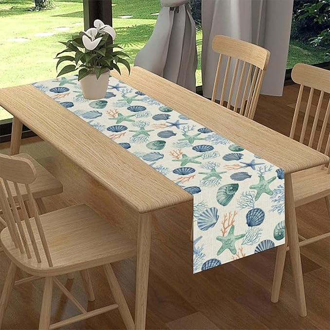 Nautical Table Runner, Summer Coastal Starfish Seashells Coral Tropical Ocean Beach Blue Farmhouse Coffee Table Center Decor for Home Kitchen Dining Patio Indoor Outdoor Table Decorations, 13"x108"