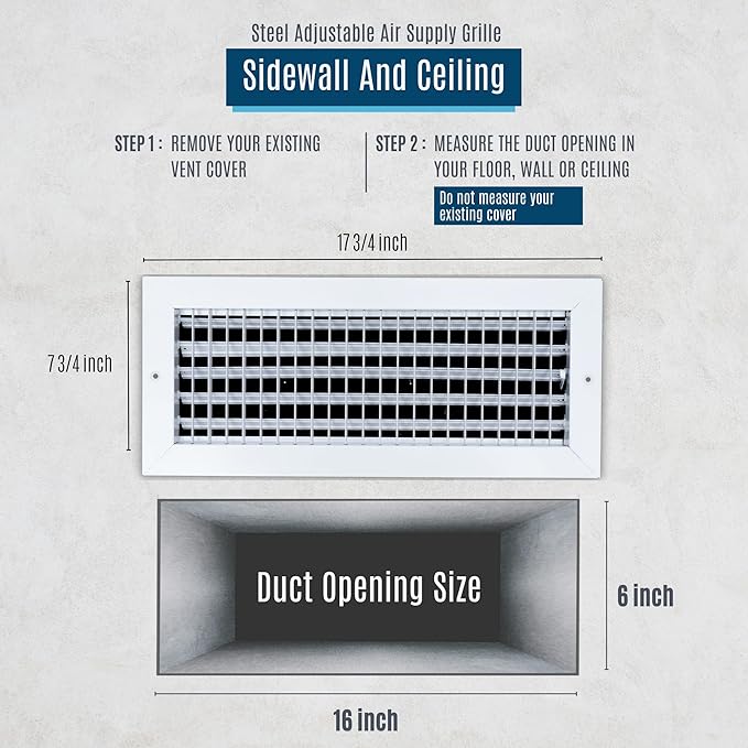 [3 Pack] Fits 16x6 Duct Opening Steel Adjustable Air Supply Grille by Handua | Register Vent Cover Grill for Sidewall and Ceiling | White | Out. Dim.: 17.75" X 7.75"