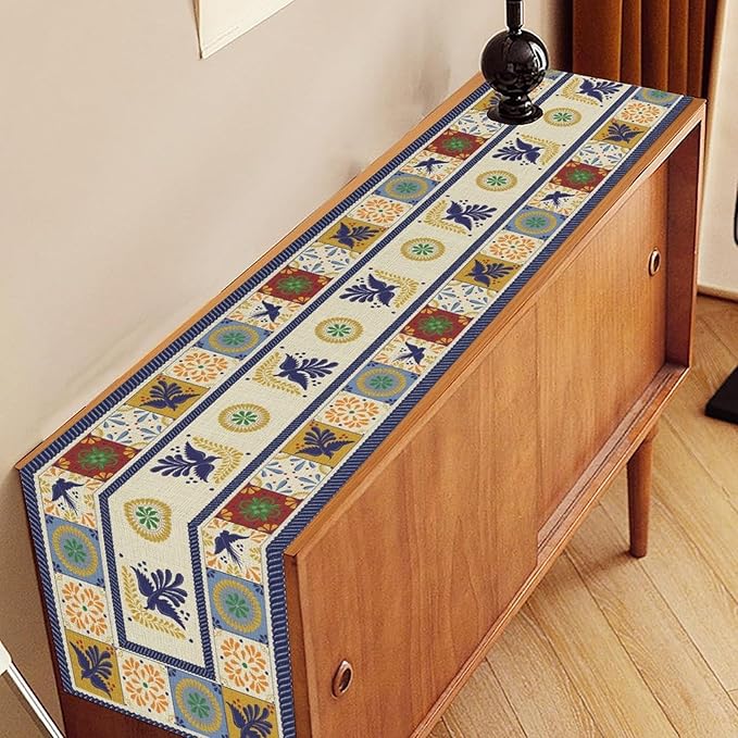Mexican Table Runner, Blue Floral Birds Mexico Talavera Ceramic Dia De Los Muertos Coffee Table Center Decor for Family Home Kitchen and Dining Farmhouse Indoor Outdoor Table Decorations, 13" X 90"