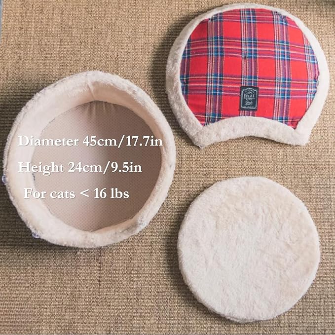 Cat Cave Bed ??Plush, Warm & Calming Hideaway with Detachable Lid & Mat, Covered House for Indoor Kitten & Kitty (Redwhite)
