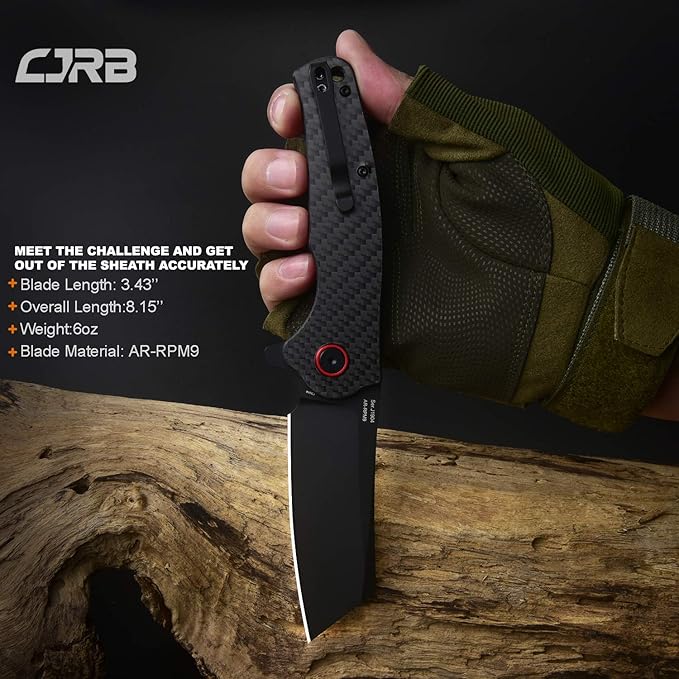 CJRB Crag Folding Pocket Knife, 3.43" AR-RPM9 Steel Blade Carbon Fiber Handle EDC Knife with Pocket Clip for Men Women Camping Survival Hiking, Black (J1904)