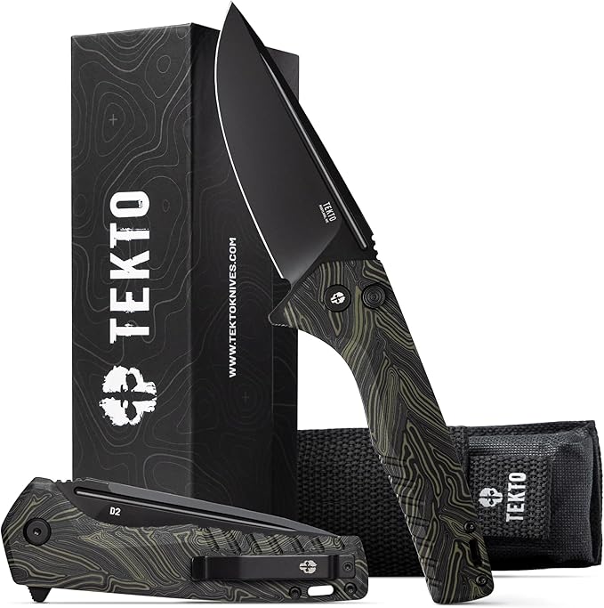F3 Charlie Button Lock Folding Knife, Oversized Fine Edge Blade, Tactical Damascus G10 Handle - Easy Open Pocket Knife with Titanium Coated D2 Steel & Black Titanium Barrel Spacers