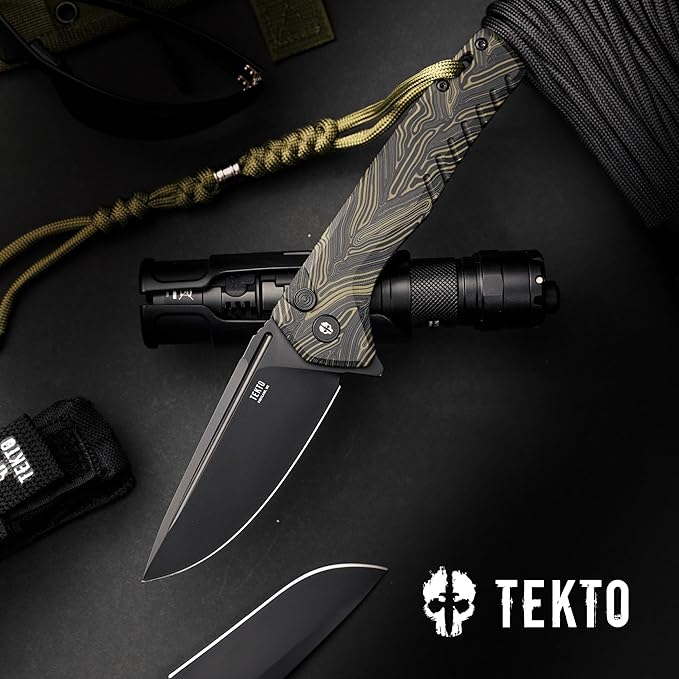 F3 Charlie Button Lock Folding Knife, Oversized Fine Edge Blade, Tactical Damascus G10 Handle - Easy Open Pocket Knife with Titanium Coated D2 Steel & Black Titanium Barrel Spacers