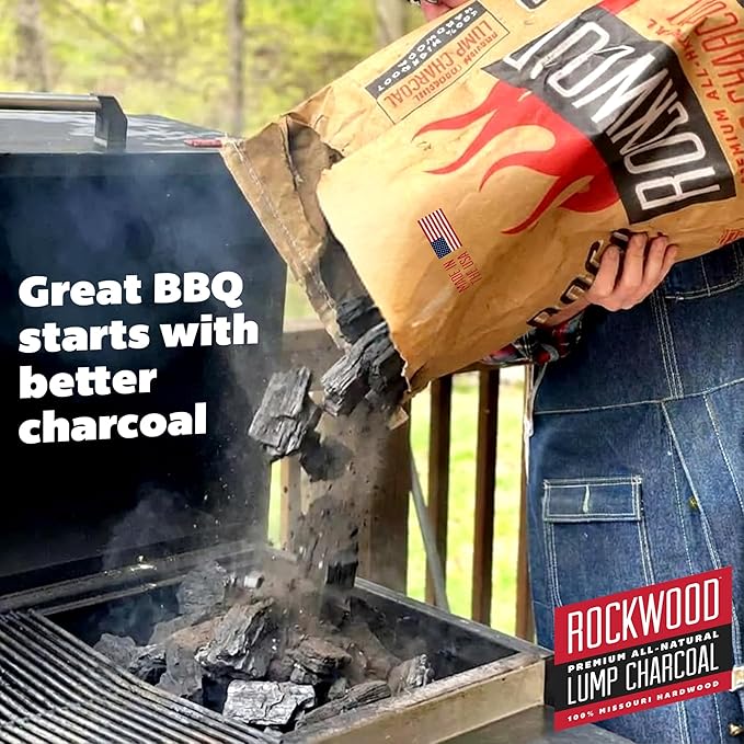 Rockwood Premium Hardwood Lump Charcoal – Oak, Hickory & Cherry Blend for Restaurant Quality Barbecue Smoking & Grilling – Smoky Flavor BBQ, Clean Burning for Kettle & Kamado Grills – 20lbs (6 Packs)