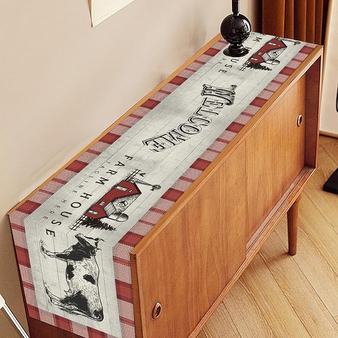 Farmhouse Cow Table Runner, Rustic Red Plaid Animals Buffalo Coffee Table Center Decor for Family Kitchen Dining Room and Living Room Outdoor Country Holiday Party Table Decorations, 13" X 36"