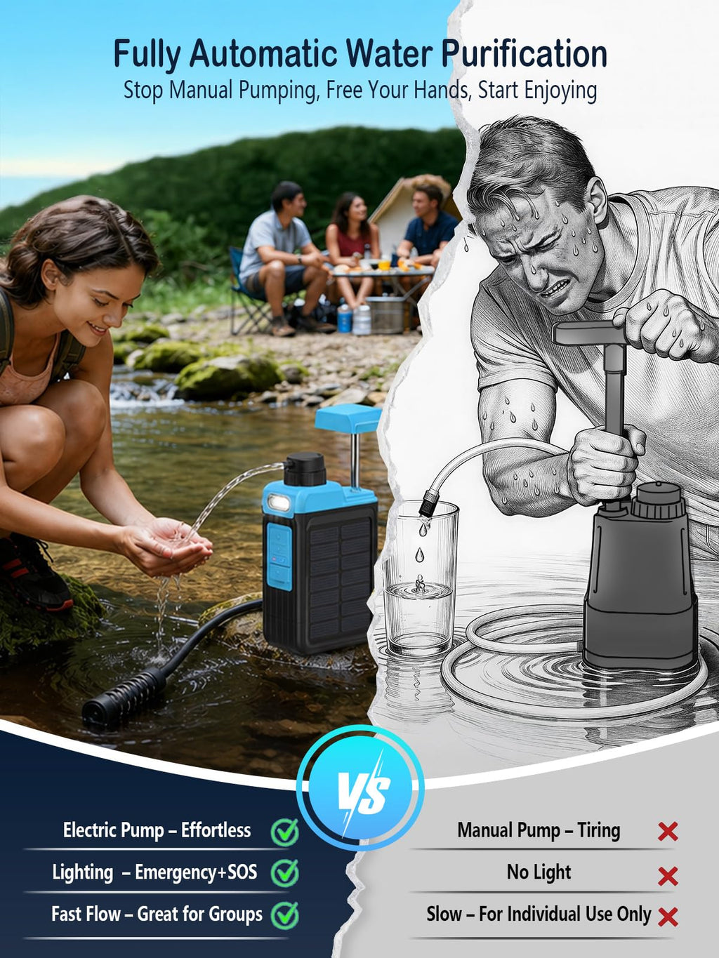 BKLES 3-in-1 Water Filter | Portable Camping Filtration System