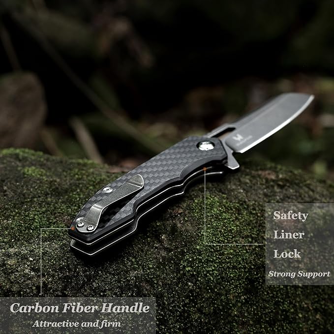 Folding Pocket Knife - 3.54'' CPM S35VN Black Steel Blade, Carbon Fiber Ergonomic Handle - Camping Outdoor Self-Defense & Protection EDC Knife, Men & Women Best Gifts