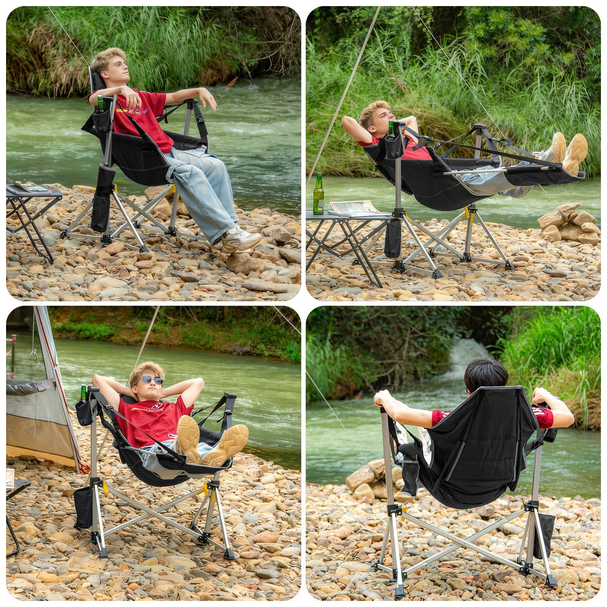 Romswi 2-Pack Aluminum Hammock Chair with Footrest, Oversized Portable Folding Swinging Chair with Adjustable Back & Seat, Lightweight Rocking Camp Chair Supports 440lbs for Outdoor, Patio - Black