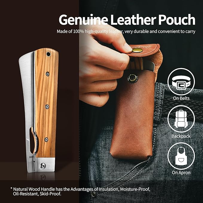Folding Chef Knife with Leather Pouch 4.8” Sharp 440A Stainless Steel Blade Olive Handle Pocket Foldable Japanese Style Kitchen Knife for Outdoor Camping BBQ trip Cooking.