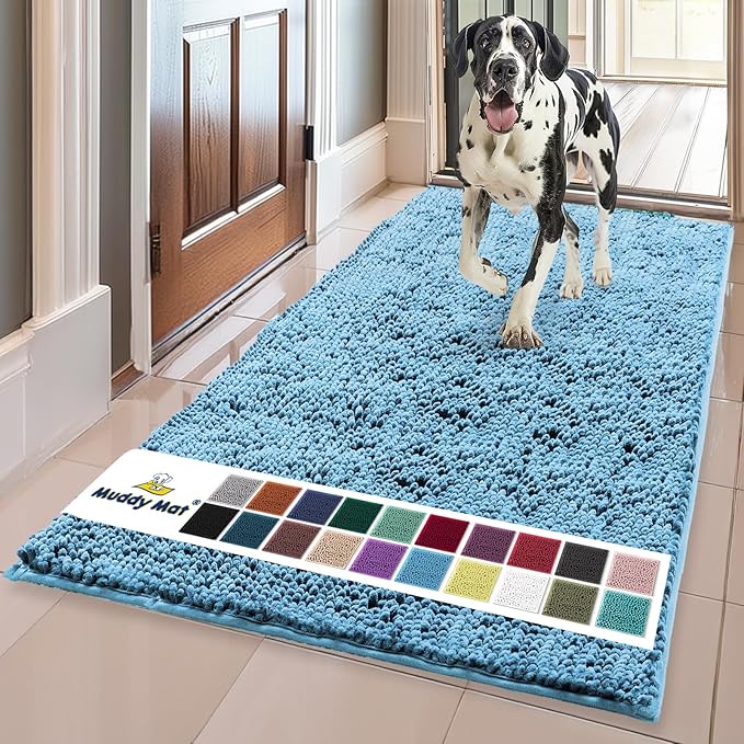 Muddy Mat® | Super Absorbent Door Mat Indoor, Microfiber Quick Dry Chenille Entryway Rug, Non-Slip Front Door Mat, Indoor Mats for Entryway, Machine Washable Pet Rug, Sky Blue 35"x60"