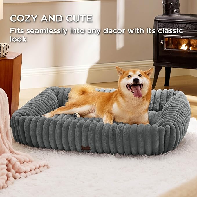 Bedsure Cute Dog Bed for Large Dogs - Washable Furry Puppy Beds, Rectangle Orthopedic Corduroy Fleece Pet Beds with Removable Zipper Cover, 36x27x8inches, Warm Grey