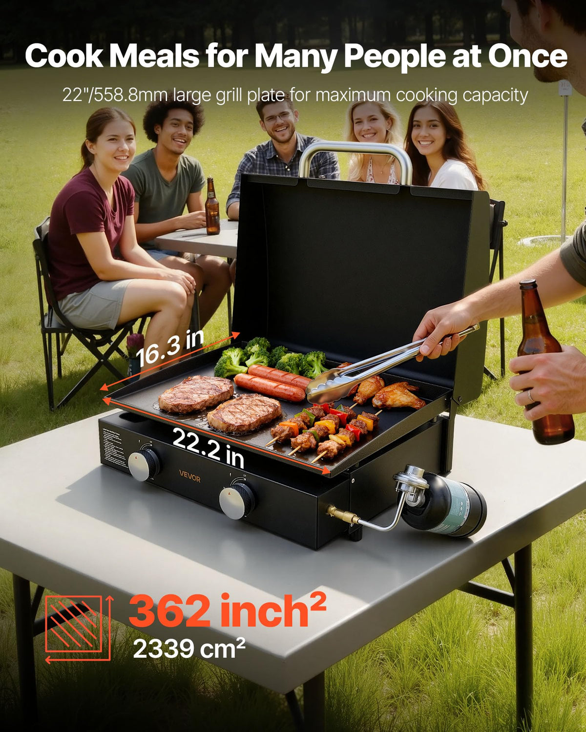 VEVOR Gas Griddle, 2 Burner Tabletop Griddle, 22 inch Portable Griddles Propane with Lid, Oil Drain Hole & Oil Collection Tray, 22000BTU Camping Flat Top Grill for Outdoor Cooking, Tailgating