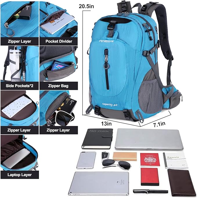 FENGDONG 40L Waterproof Lightweight Hiking,Camping,Travel Backpack for Men Women Blue