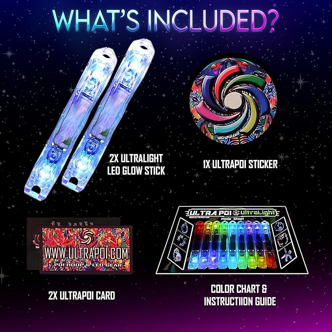 UltraPoi Ultralight LED Glow Stick (Pair (2)) - Customizable Rainbow Light Stick with Over 70 Brilliant Color Modes & Flashing Patterns - LED Concert Light Stick for Poi, Flow Arts, & Light Spinning