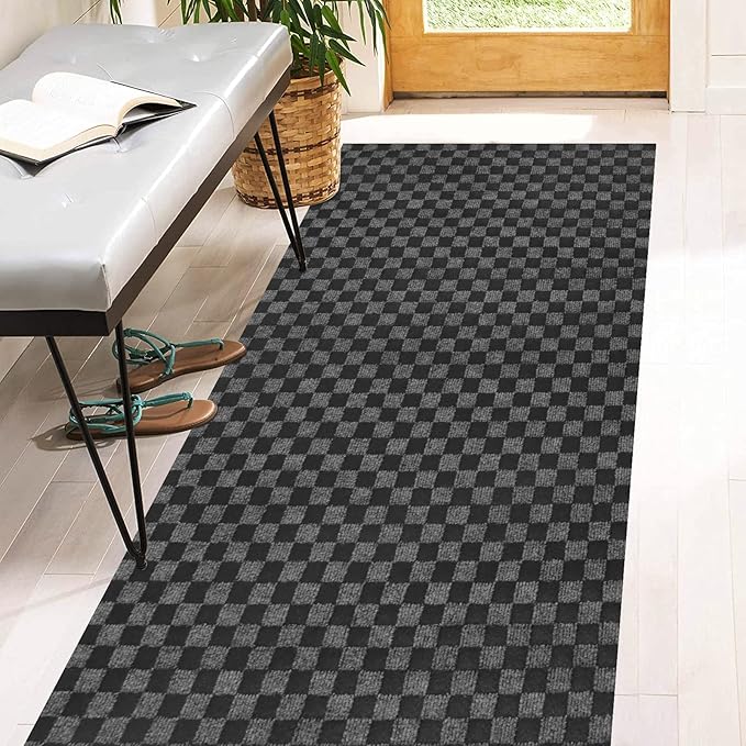2' x 37' Runner Rugs with Rubber Backing, Indoor Outdoor Utility Carpet Runner Rugs, Checkered Gray, Can Be Used as Aisle for The RV and Boat, Laundry Room and Balcony