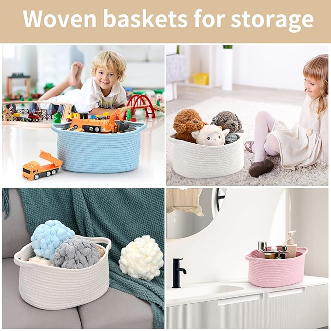 Happyiren Medium Woven Cotton Rope Basket with Handle Empty Decorative Gift Basket for Baby Shower, Graduation, Father's Day, Nursery Storage 13" Dia x 8" W x 6" H