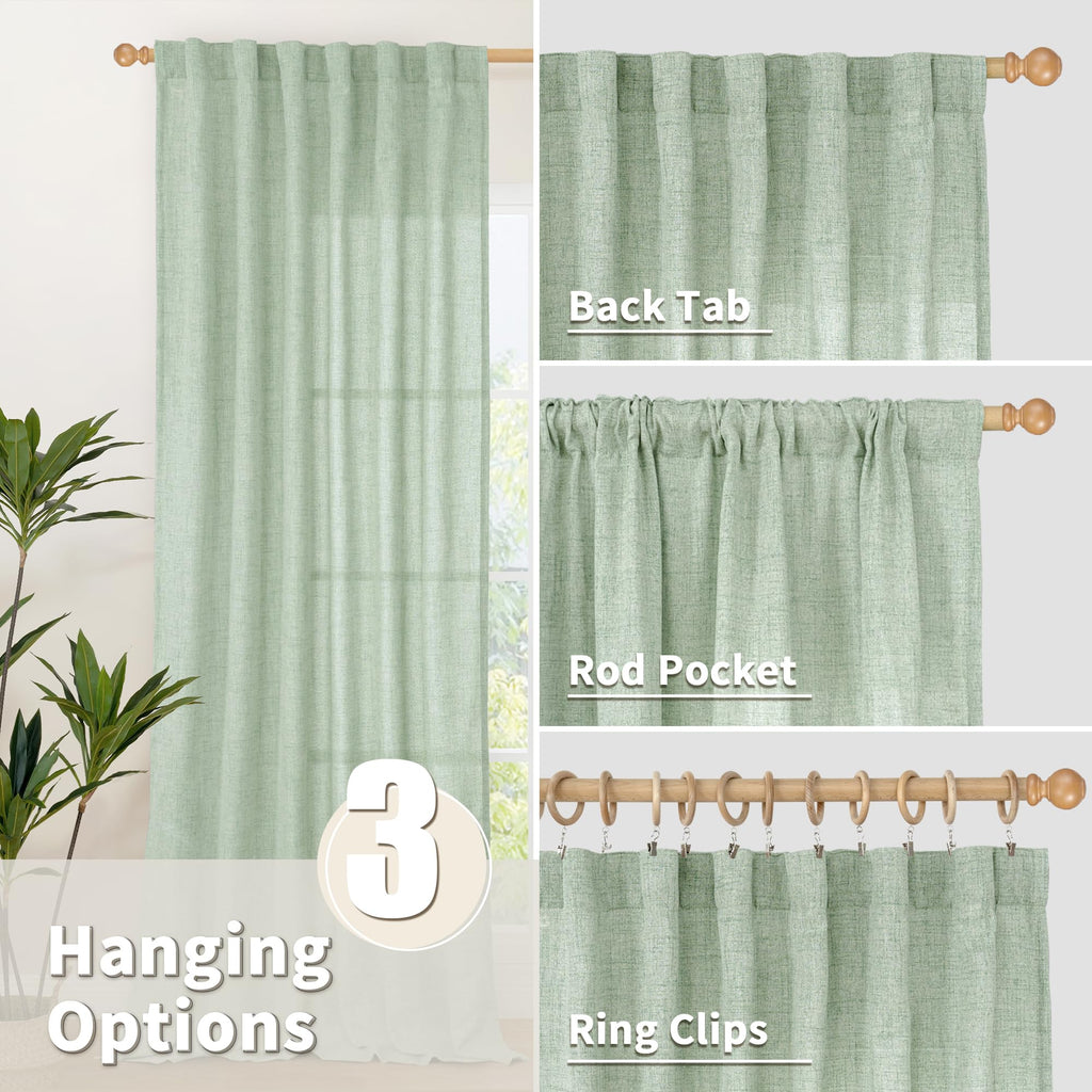 Sage Green Linen Curtains 54 Inch Length for Living Room Window (2 Count)
