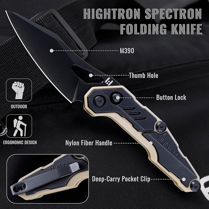 Hightron Spectron Folding Pocket Knife, 3.05" M390 Steel Blade and Nylon Fiber Handle, Sharp EDC Knives with Pocket Clip for Camping Survival Hiking Unisex Black&Khaki