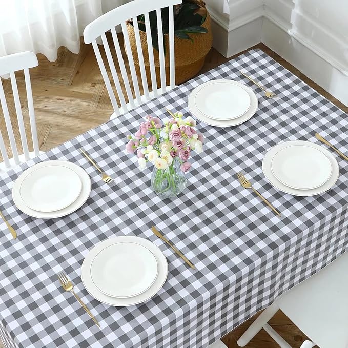 Romanstile Square Vinyl Tablecloth, 100% Waterproof Buffalo Gingham Plastic Table Cloth, Heavy Duty Wipeable Checkered Table Covers for Outdoor, Camping, Picnic, Patio - 60 x 60, Grey and White
