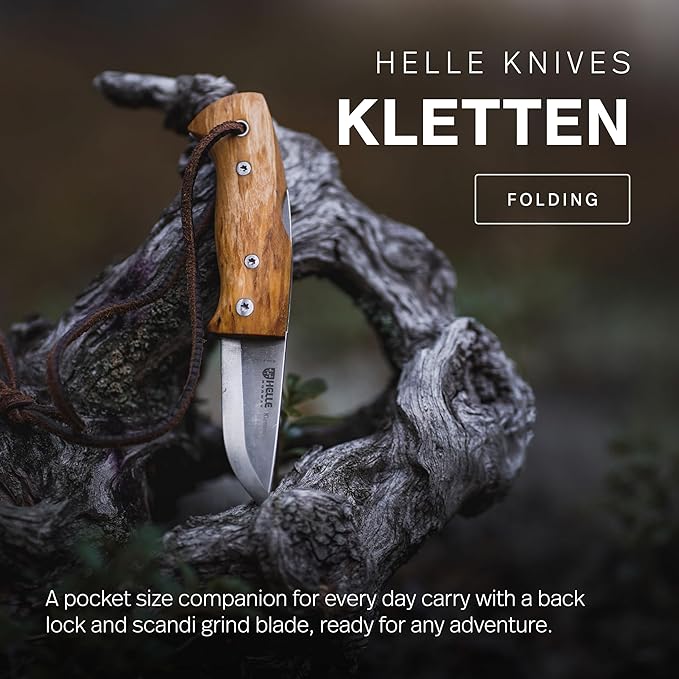 HELLE Knives - Kletten - Folding EDC Pocket Knife - Birch Wood Handle - Triple Laminated Stainless Steel - Made in Norway