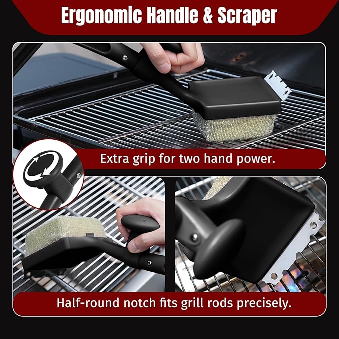 SHINESTAR Bristle-Free Griddle Cleaning Kit – BBQ Steam Grill Brush with 2 Replacement Heads & Scraper for Cast Iron & Stainless Steel Grates,Excellent Grill Tools, Black