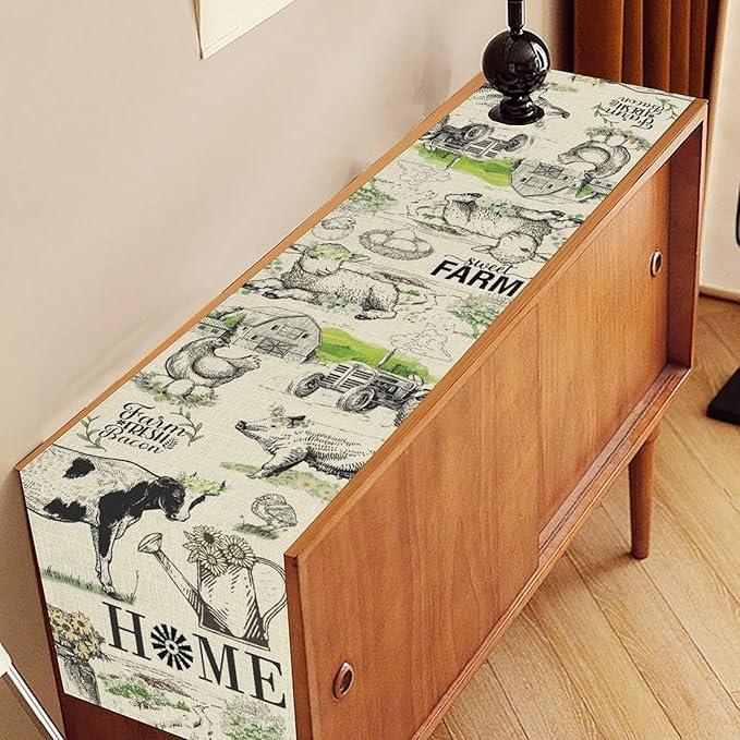 Farmhouse Cow Table Runner, Rustic Rooster Chicken Pig Floral Leaves Animals Spring Coffee Table Center Decor for Family Kitchen Dining and Outdoor Country Holiday Party Table Decorations, 13"x72"