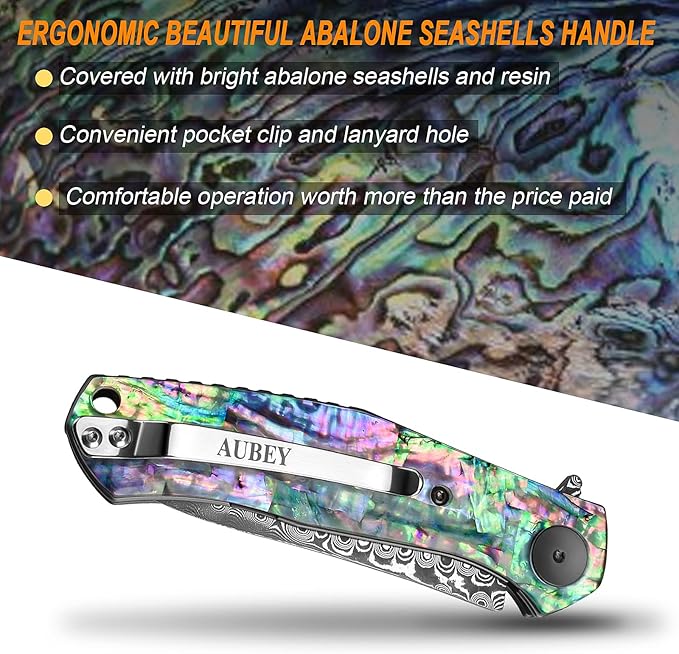 AUBEY Damascus Pocket Knife for Women Men, Sharp 3.23" Damascus Steel Blade Knife with Clip, EDC Hunting Knives with Abalone Shell Handle, Gift for Camping Outdoor