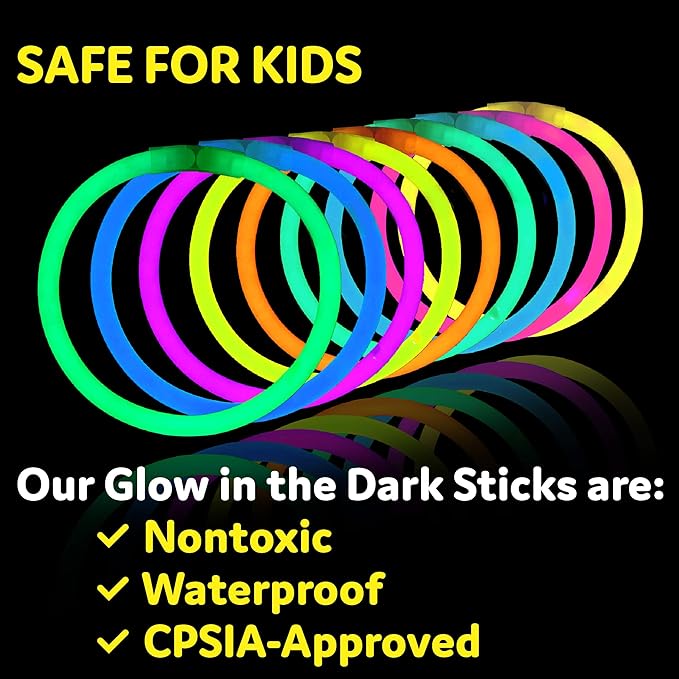 PartySticks Ultra Bright Glow Sticks Bulk Party Supplies 300 Pack - 8" Glow in the Dark Light Up Halloween Party Favors, Glow Decorations, Neon Party Necklaces and Bracelets with Connectors