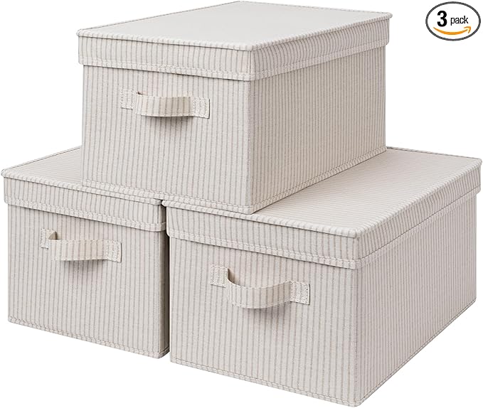 StorageWorks Fabric Storage Bins with Lids, Decorative Storage Bins with Soft Handles, Foldable Storage Baskets for Closet, Shelves, Stackable and Sturdy Organization, Khaki Stripe, Large, 3-Pack