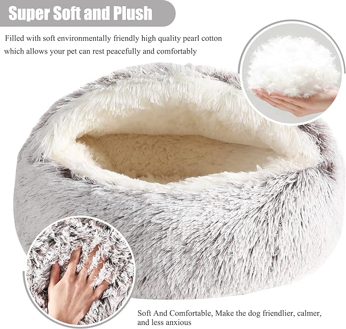 Calming Dog Beds & Cat Cave Bed with Hooded Cover,Removable Washable Round Beds for Small Medium Pets,Anti-Slip Faux Fur Fluffy Coved Bed for Improved Sleep,Fits up to 15/25 lbs(Medium,24"x24")