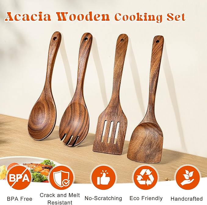 4Pcs Wooden Spoons for Cooking, Acacia Wood Kitchen Utensils Set for Nonstick Pans, Smooth Finish Cooking Utensils with Long Handle, Wooden Spatula for Cooking, Mixing, Baking