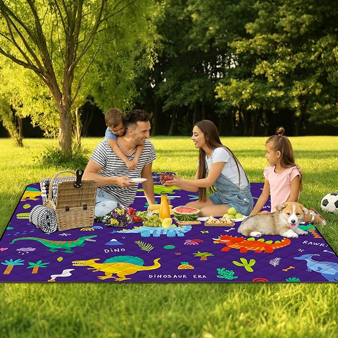 Extra Large Picnic Blanket Waterproof,80"x 80"Foldable Machine Washable Beach Blankets,Outdoor Blanket for 6-8 Adults,Picnic Mat Suitable for Indoor Crawling,Park Beach,Camping,Hiking,Travel（Dinosaur)