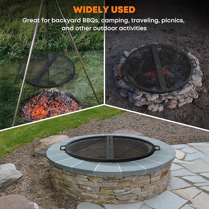 Stanbroil X-Marks Fire Pit Cooking Grill Grates, Foldable Round Cooking Grate with Handles, 36 Inch Portable Outdoor Campfire BBQ Grill, Black