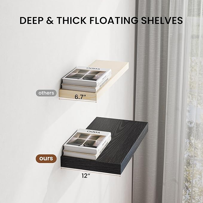 Dreamland 40" Floating Shelves for Wall, 12" Deep Thicker Black Floating Shelves, Wall-Mounted Shelves for Bedroom, Living Room, Kitchen, Bathroom - Set of 2