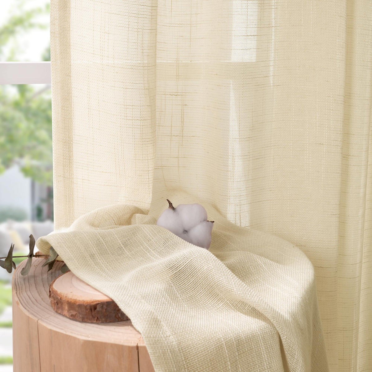 Linen Sheer Curtains 45 Inch Length for Kitchen Window (2 Count)