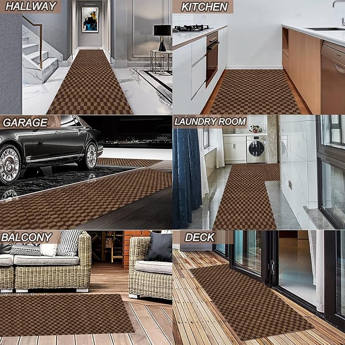 3' x 80' Runner Rugs with Rubber Backing, Indoor Outdoor Utility Carpet Runner Rugs, Checkered Brown, Can Be Used as Aisle for The RV and Boat, Laundry Room and Balcony